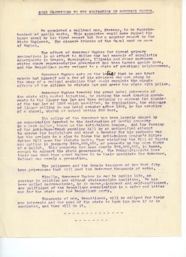 "SOME OBJECTIONS TO THE NOMINATION OF GOVERNOR HUGHES", UNDATED