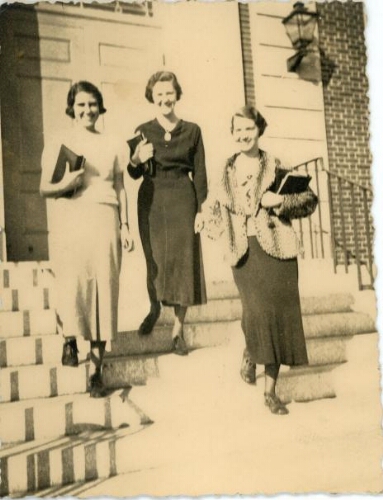 Students outside of Blodgett Hall, 1930s