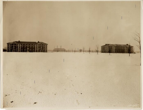 Levermore, Woodruff, and Blodgett buildings in the snow.