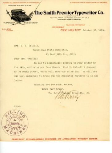 KING TO GRIFFIN, OCTOBER 30, 1909