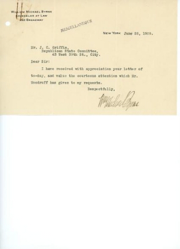 BYRNE TO GRIFFIN, JUNE 28, 1909