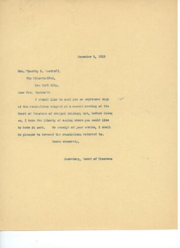 ADELPHI COLLEGE BOARD OF TRUSTEES TO ISABEL WOODRUFF, NOVEMBER 5, 1913