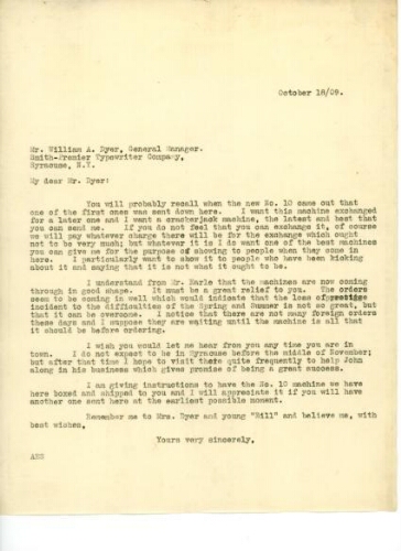 TO DYER, OCTOBER 18, 1909