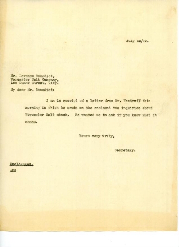 GRIFFIN TO BENEDICT, JULY 30, 1909