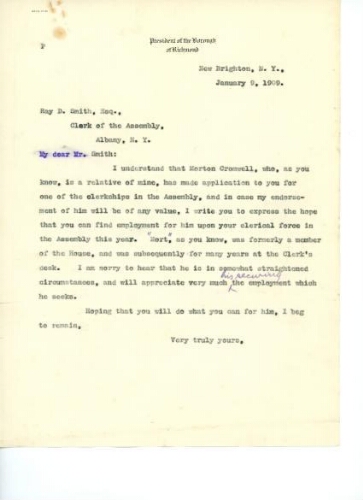 CROMWELL TO SMITH, JANUARY 9, 1909