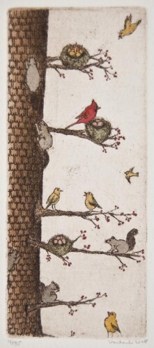 Squirrel and Birds on Branches