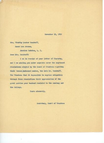 ADELPHI COLLEGE BOARD OF TRUSTEES TO ISABEL WOODRUFF, NOVEMBER 15, 1913