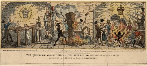 The "Damnable Association;" or, the infernal inquisition of Black Friars : an interior view of the den in Bridge Street, with the gang at work