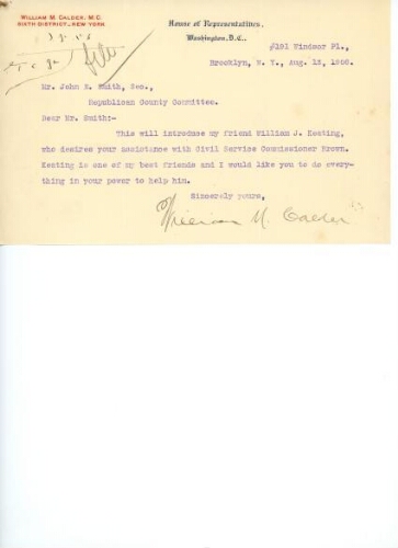 CALDER TO SMITH, AUGUST 13, 1906