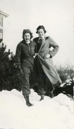 Snow day on campus, 1930s